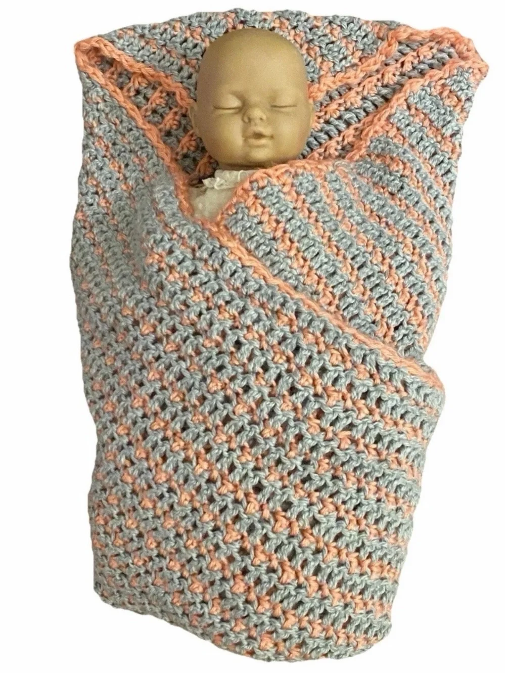 Handmade Crochet Baby Blanket Grey Coral Pink 33x33 Soft